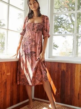 Anthropologie Rose-Pink Smocked Midi Dress with Botanical Print